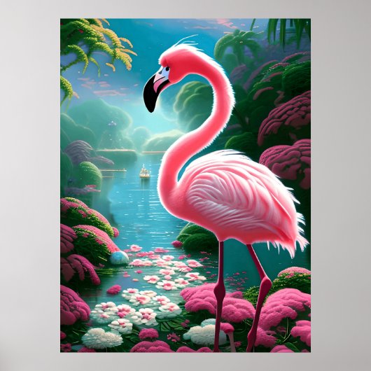 Tropische Flamingo met Bloemen Poster (Voorkant)