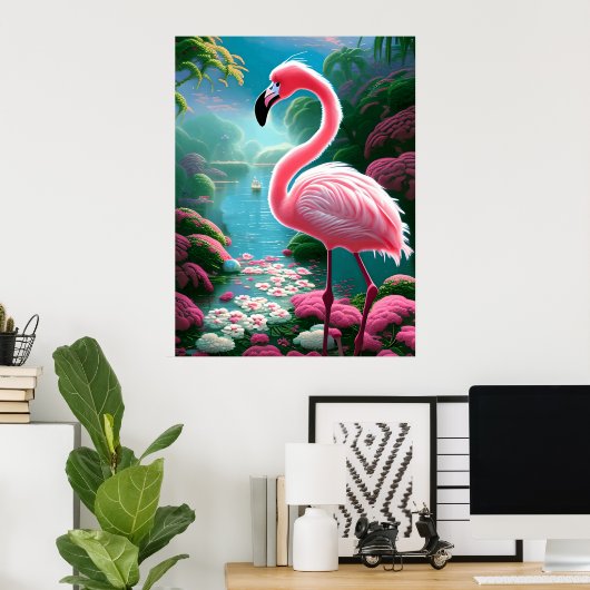 Tropische Flamingo met Bloemen Poster (Thuiskantoor)
