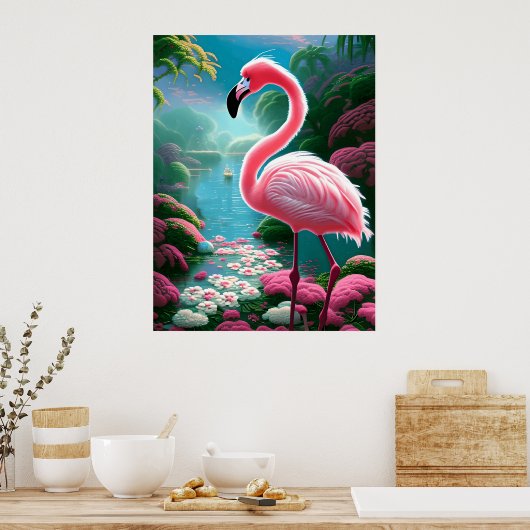 Tropische Flamingo met Bloemen Poster (Keuken)