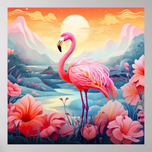 Tropische Flamingo met Bloemen Poster (Voorkant)