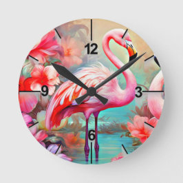 Tropische Flamingo met Bloemen Ronde Klok