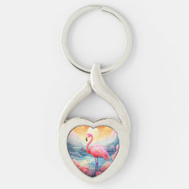 Tropische Flamingo met Bloemen Sleutelhanger