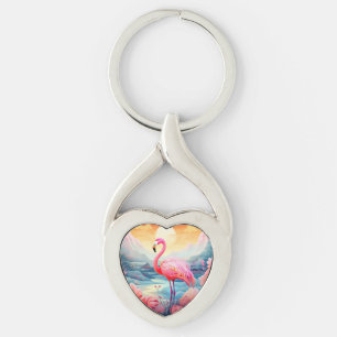 Tropische Flamingo met Bloemen Sleutelhanger