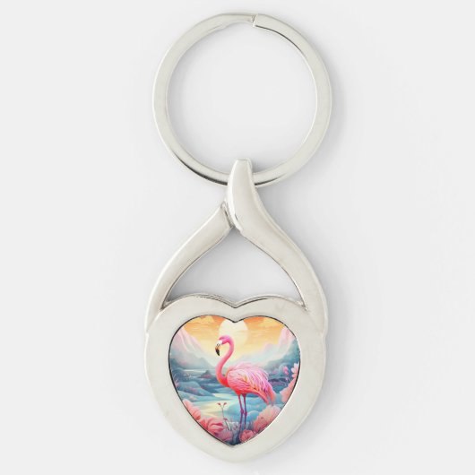 Tropische Flamingo met Bloemen Sleutelhanger (Voorkant)