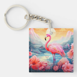 Tropische Flamingo met Bloemen Sleutelhanger