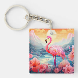 Tropische Flamingo met Bloemen Sleutelhanger