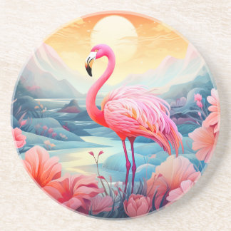 Tropische Flamingo met Bloemen Zandsteen Onderzetter