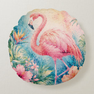 Tropische Flamingo met Hibiscus Bloemen Rond Kussen