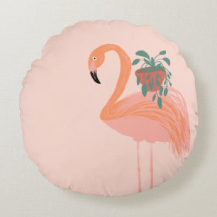 Tropische Flamingo met kamerplant Handgetekend    Rond Kussen