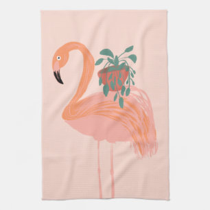 Tropische Flamingo met Kamerplant Handgetekend    Theedoek