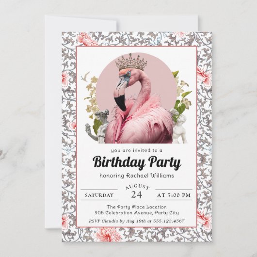 Tropische flamingo met kroon verjaardagsfeest kaart (Voorkant)
