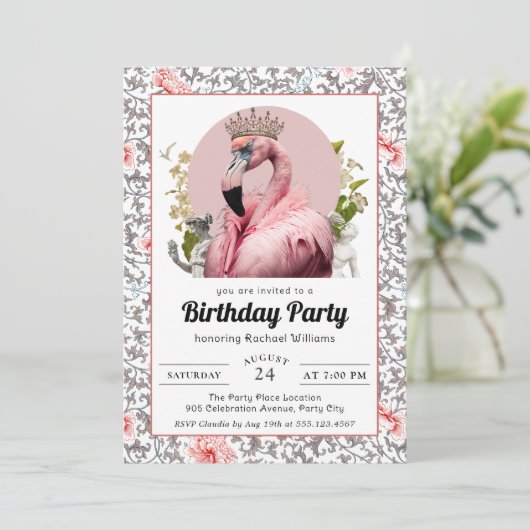 Tropische flamingo met kroon verjaardagsfeest kaart (Staand voorkant)