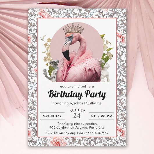 Tropische flamingo met kroon verjaardagsfeest kaart