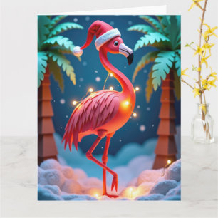Tropische Flamingo met Lichtjes in Besneeuwde Kers Kaart
