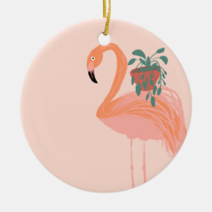 Tropische Flamingo met Pothos Kamerplant Hand Gete Keramisch Ornament