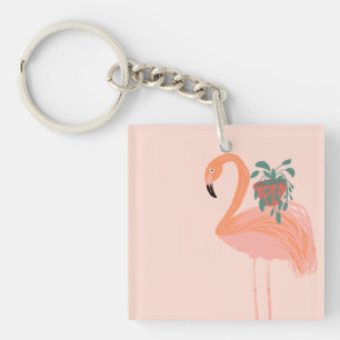 Tropische Flamingo met Pothos Kamerplant Hand Gete Sleutelhanger