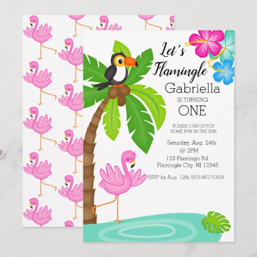 Tropische flamingo met Toucan eerste verjaardag Kaart (Voorkant / Achterkant)