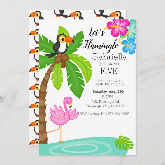 Tropische flamingo met Toucan verjaardag Kaart (Voorkant / Achterkant)