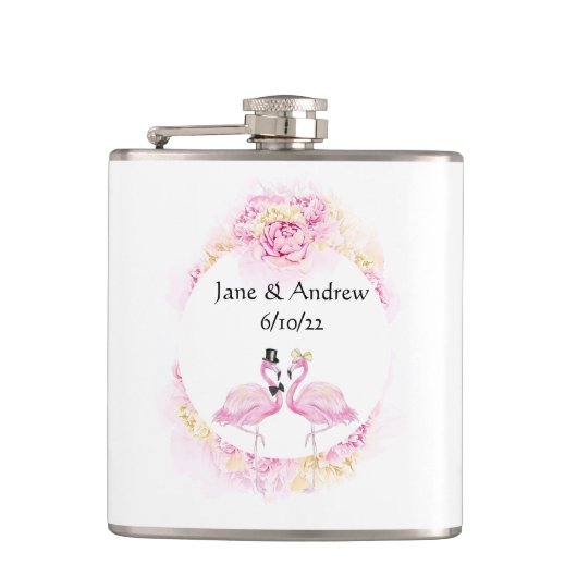 Tropische Flamingo Monogrammed Vinyl Wrapped Flask Heupfles (Voorkant)