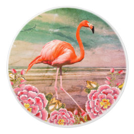 Tropische Flamingo op strand met roze bloemen Blau Keramische Knop