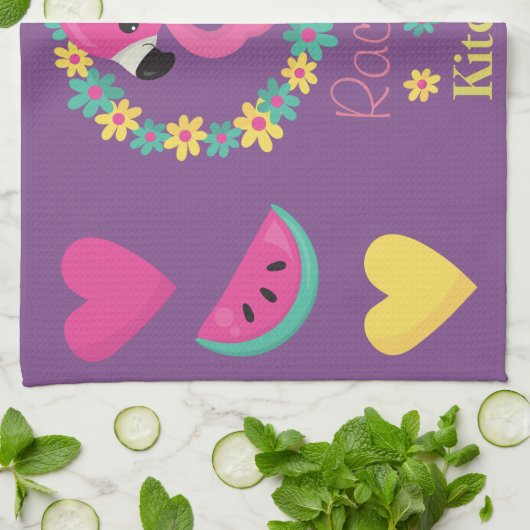 Tropische Flamingo paarse roze en gele harten Theedoek (Gevouwen)