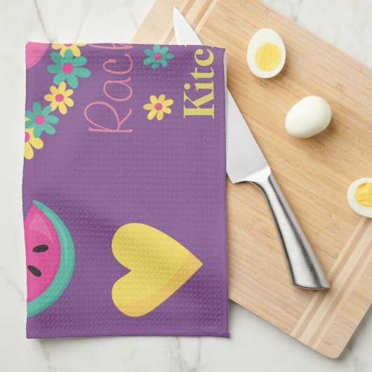 Tropische Flamingo paarse roze en gele harten Theedoek (Quarter Fold)