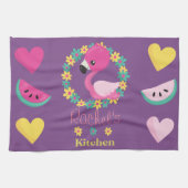 Tropische Flamingo paarse roze en gele harten Theedoek (Horizontaal)