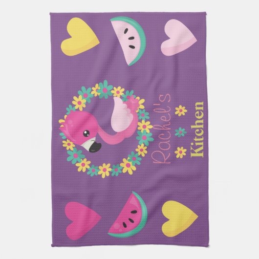 Tropische Flamingo paarse roze en gele harten Theedoek (Verticaal)