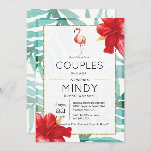 Tropische Flamingo Palm Couples Douche uitnodiging (Voorkant / Achterkant)