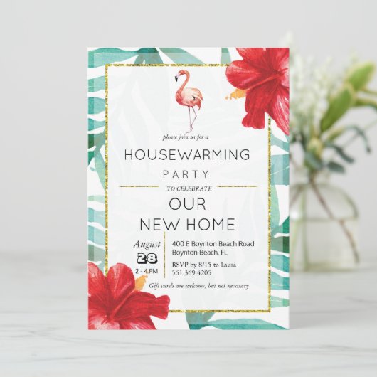 Tropische Flamingo Palm Housewarming Uitnodiging (Staand voorkant)