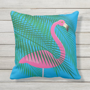 Tropische Flamingo & Palm Leaves op Blue - Outdoor Buitenkussen