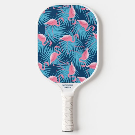 Tropische Flamingo Palm Print Custom Name Phone # Pickleball Paddle (Voorkant)
