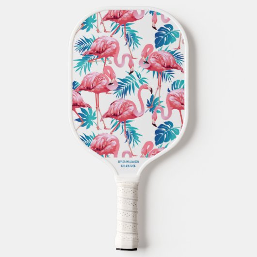 Tropische Flamingo Palm Print Custom Name Phone # Pickleball Paddle (Achterkant)