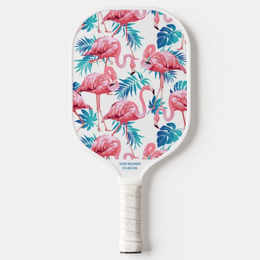 Tropische Flamingo Palm Print Custom Name Phone # Pickleball Paddle (Voorkant)