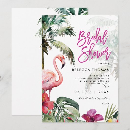 tropische flamingo palmen bruids douche uitnodigin kaart (Voorkant / Achterkant)