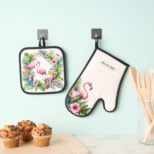 Tropische Flamingo Pensioen Moeder Oma Vrouw Ovenwant & Pannenlap Set (Insitu(Ophanging))