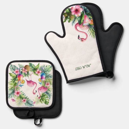 Tropische Flamingo Pensioen Moeder Oma Vrouw Ovenwant & Pannenlap Set (Voorkant / Achterkant)