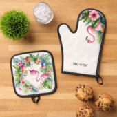 Tropische Flamingo Pensioen Moeder Oma Vrouw Ovenwant & Pannenlap Set (Top down)