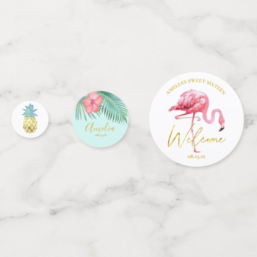 Tropische Flamingo Pineapple Sweet 16 Welkome ID92 Confetti (Voorkanten)