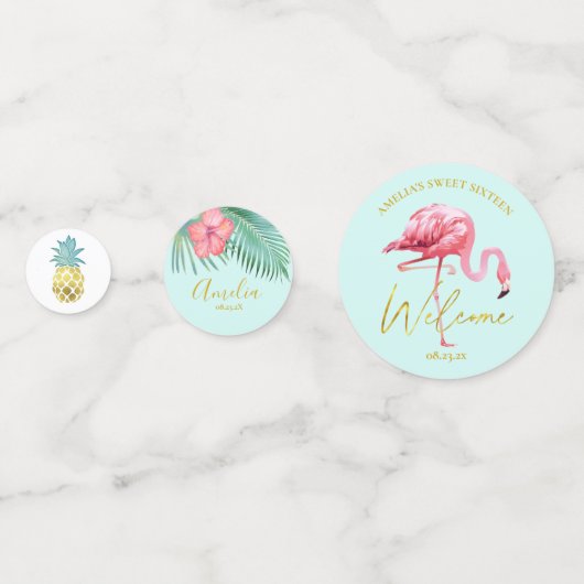 Tropische Flamingo Pineapple Sweet 16 Welkome ID92 Confetti (Achterkanten)