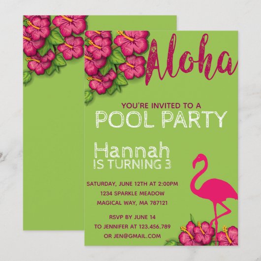 Tropische Flamingo Pool Party Birthday Invitation Kaart (Voorkant / Achterkant)