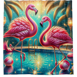 "Tropische Flamingo Pool Party - Levendige Retro A Douchegordijn