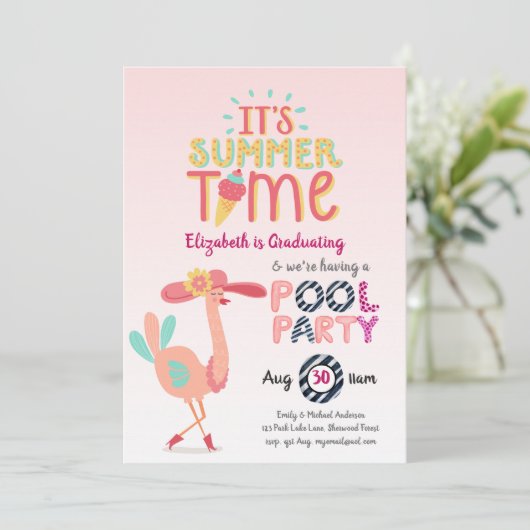 Tropische Flamingo POOL PARTY Pink Blue Girls Kaart (Staand voorkant)