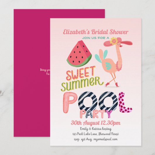 Tropische Flamingo Pool Party Pink Blue Modern Kaart (Voorkant / Achterkant)