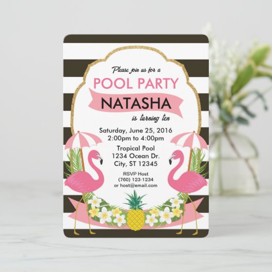 Tropische Flamingo Pool Party Uitnodiging (Staand voorkant)