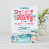 Tropische Flamingo Pool Party Verjaardag Kaart (Staand voorkant)