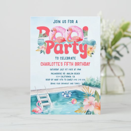 Tropische Flamingo Pool Party Verjaardag Kaart (Staand voorkant)