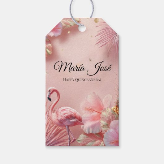Tropische Flamingo Quinceañera, op maat gemaakt Cadeaulabel (Voorkant)