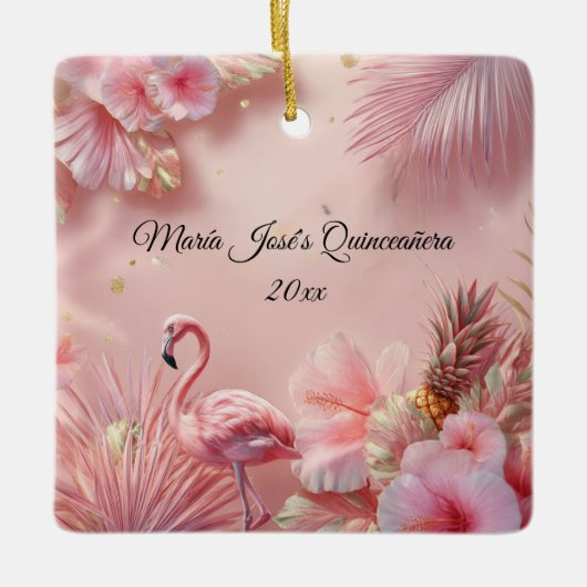 Tropische Flamingo Quinceañera, op maat Keramisch Ornament (Voorkant)