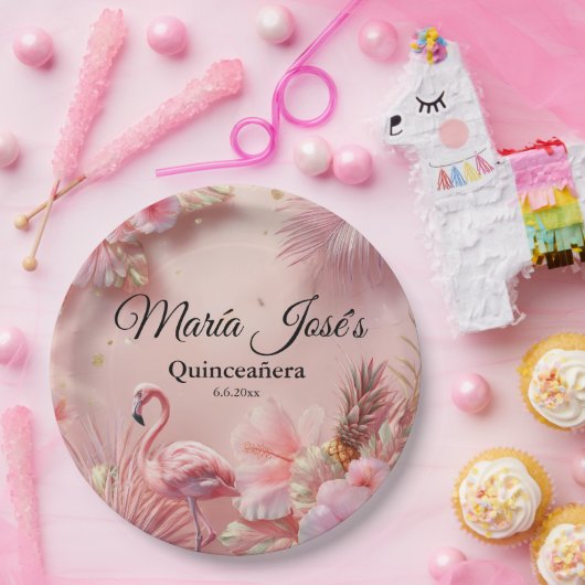 Tropische Flamingo Quinceañera, op maat Papieren Bordje (Feest)